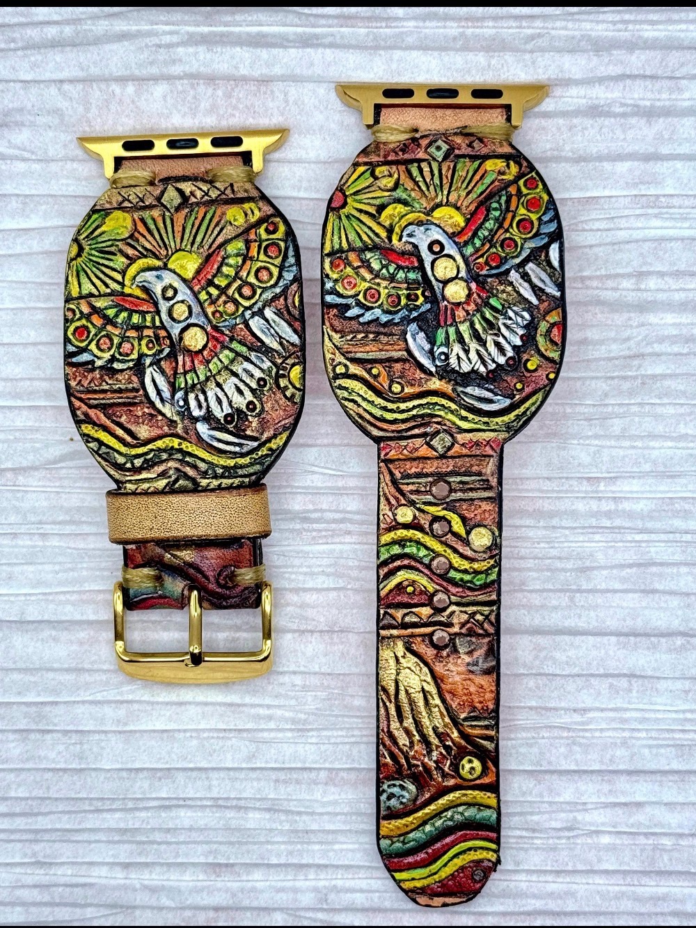 Handmade Leather Apple Watch Band, Southwestern Native American Thunderbird Dsgn